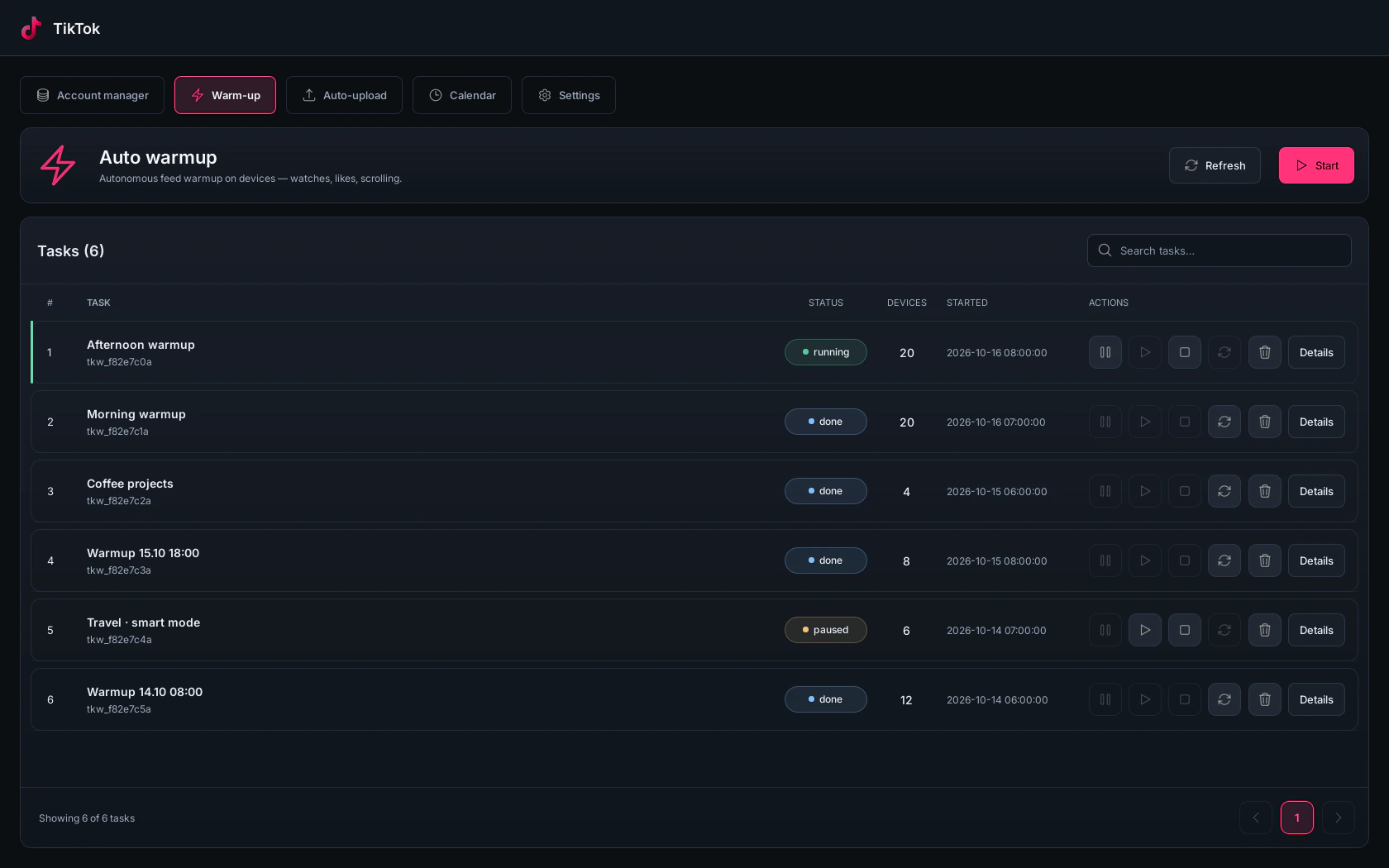Warmup tasks with status and execution controls.